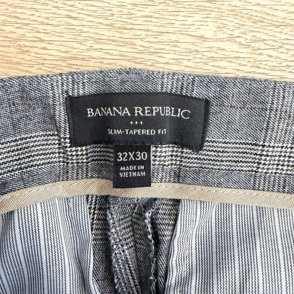 Banana Republic Slim Tapered Dress Pants Men Actual 33x27 Gray Plaid Stretch‎